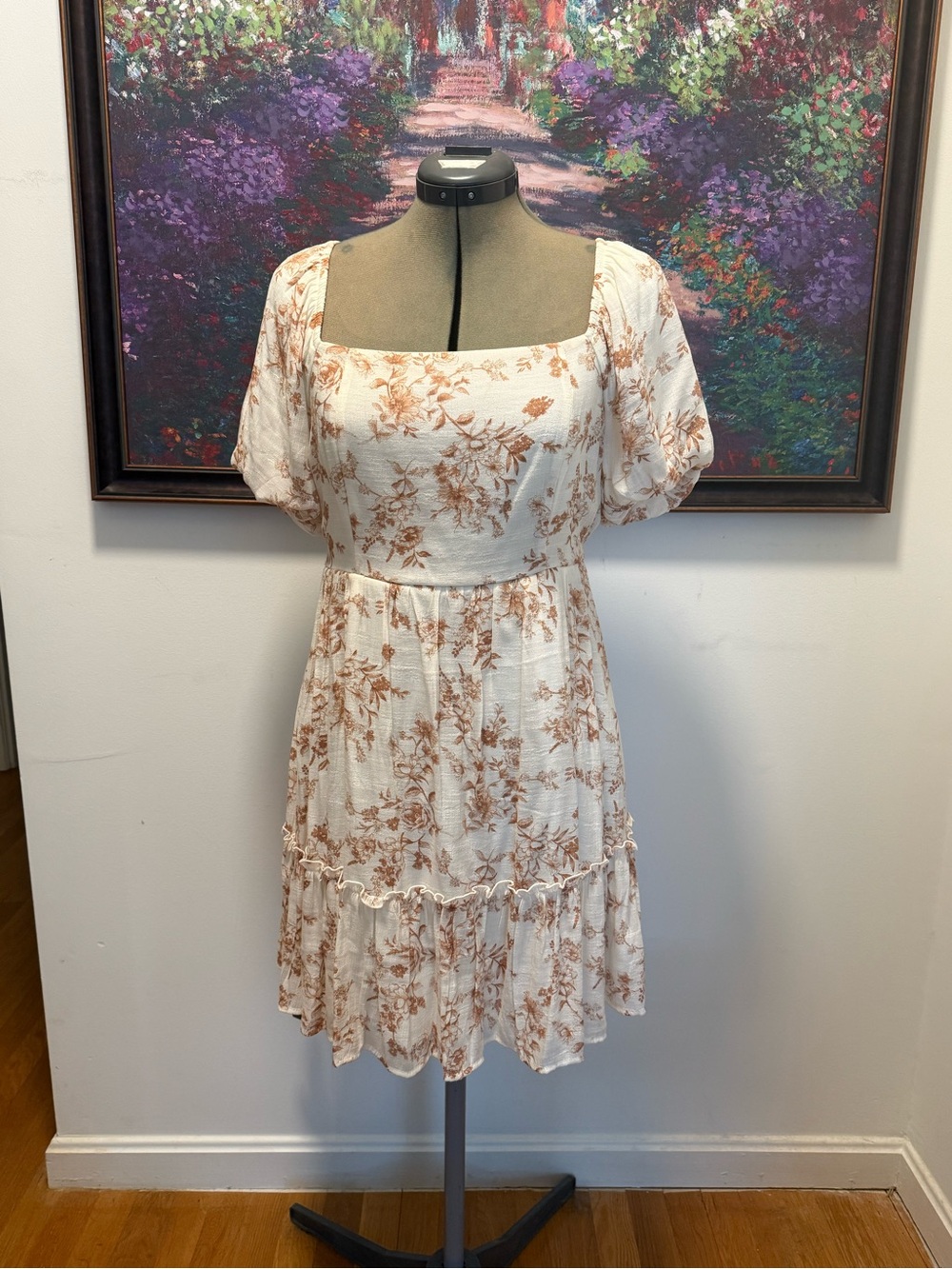 Women's Cream Floral Square Neck Ruffle Dress